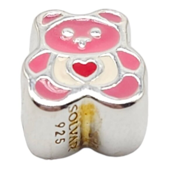 Solvar Sterling Silver Pink Enamel Teddy Bear Slide Charm Kids New Old Stock - Picture 2 of 4
